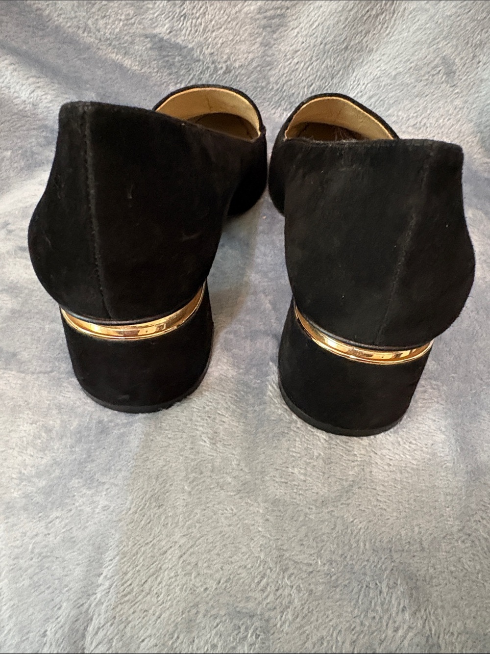 Enzo Angiolini Black Suede Pointed Low Block Heel Pumps with Gold Accent - Picture 7 of 11